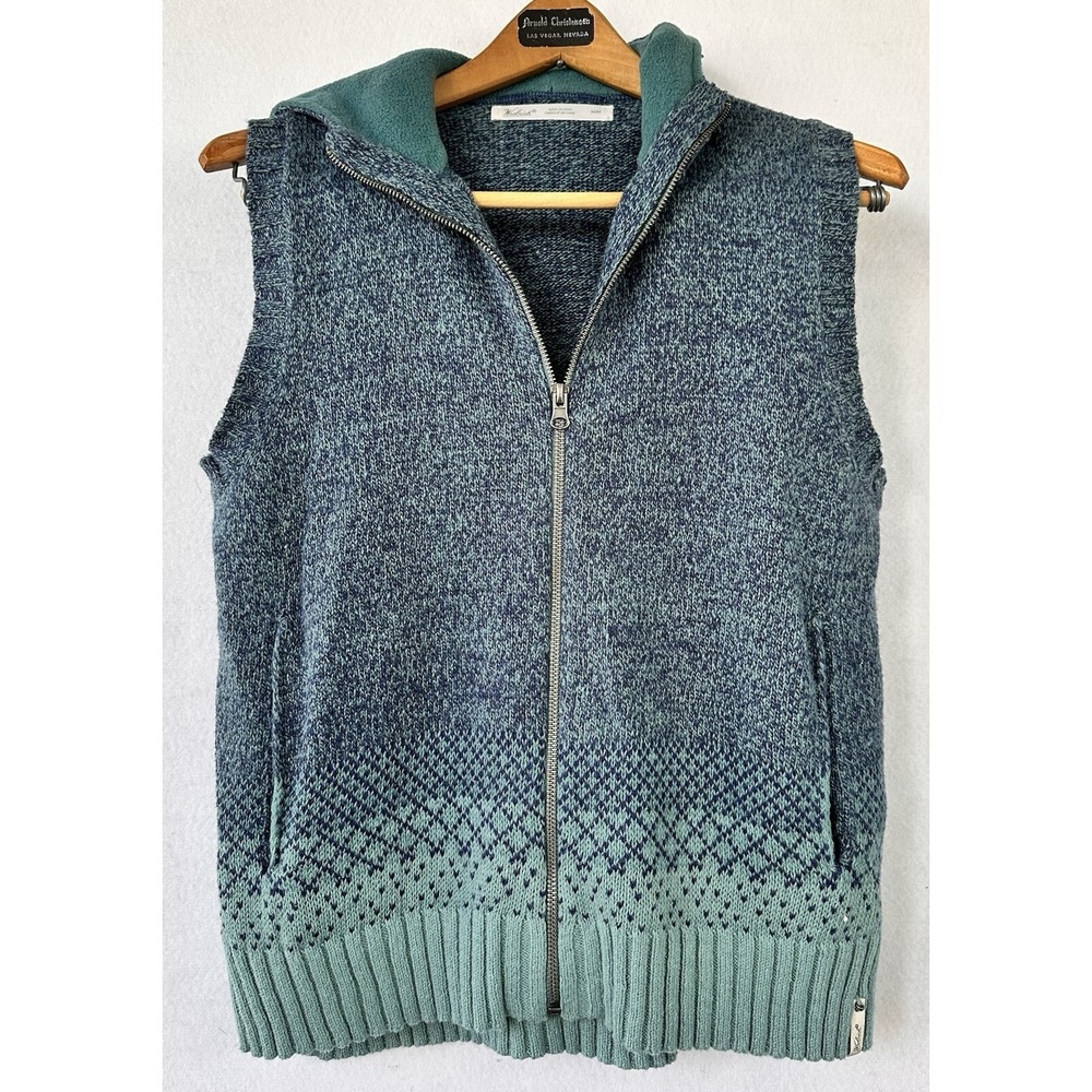 Woolrich Hooded Sweater Vest Wool Blend Blue Teal Zip Up Pockets Women's M